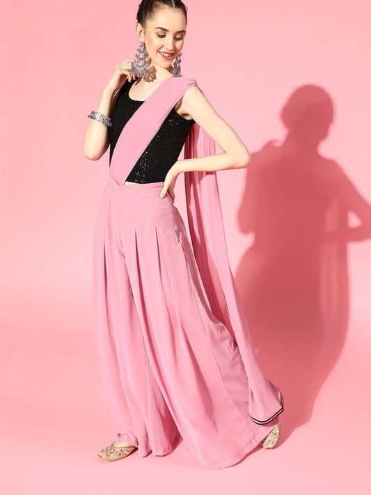 Dirty Pink Pleated Palazzo Saree with Sequinned Ready to Wear Stretchable Blouse - inddus-us