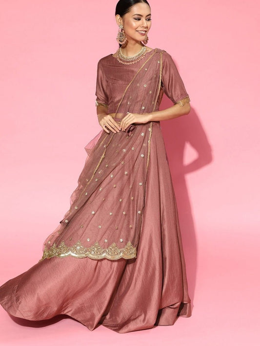 Dirty Pink Stitched Lehenga Embroidered Saree with Blouse Piece - inddus-us