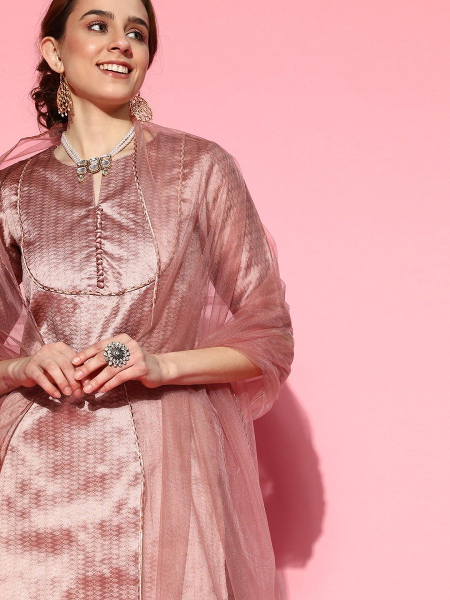 Dirty Pink Woven Kurta with Sharara and Dupatta - Inddus.com