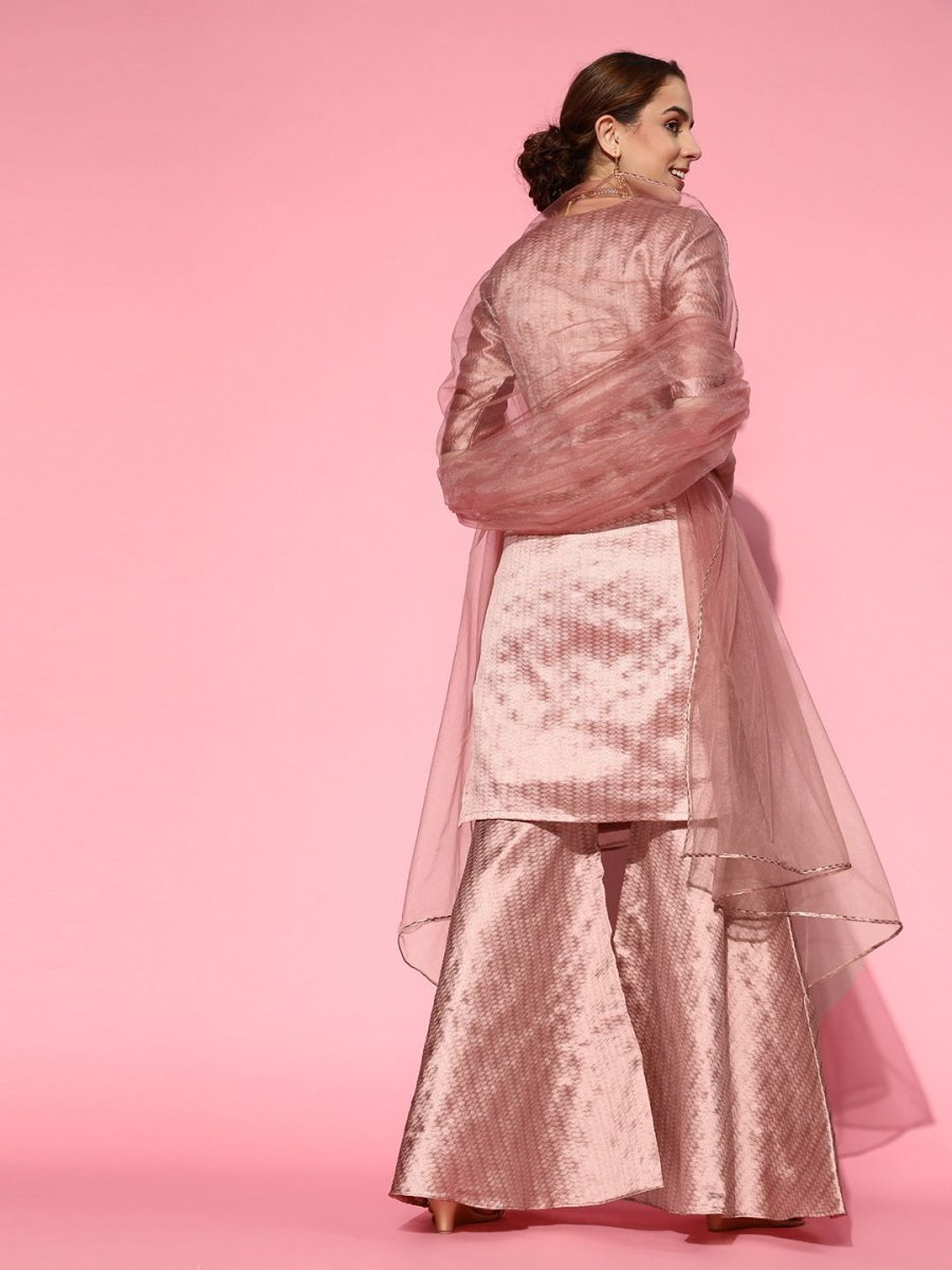 Dirty Pink Woven Kurta with Sharara and Dupatta - Inddus.com