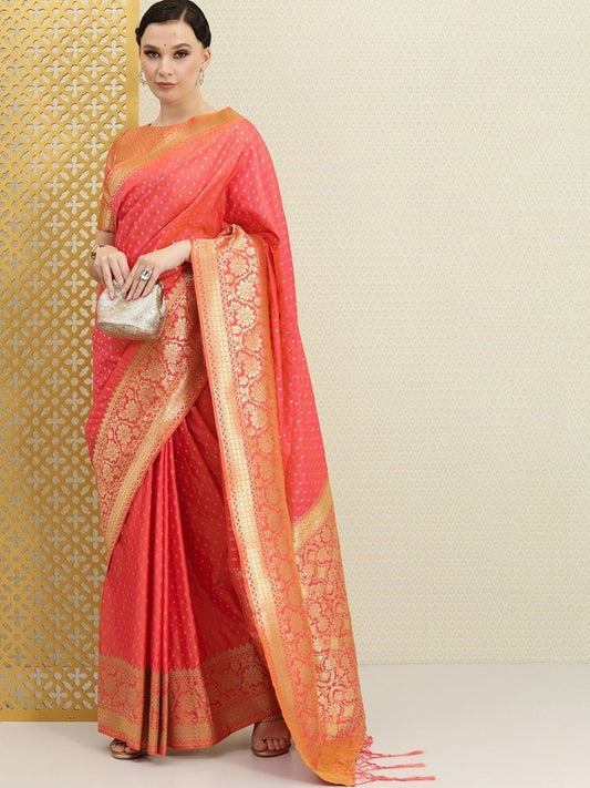 Dual Tone Pink Zari Woven Floral Traditional Saree - inddus-us