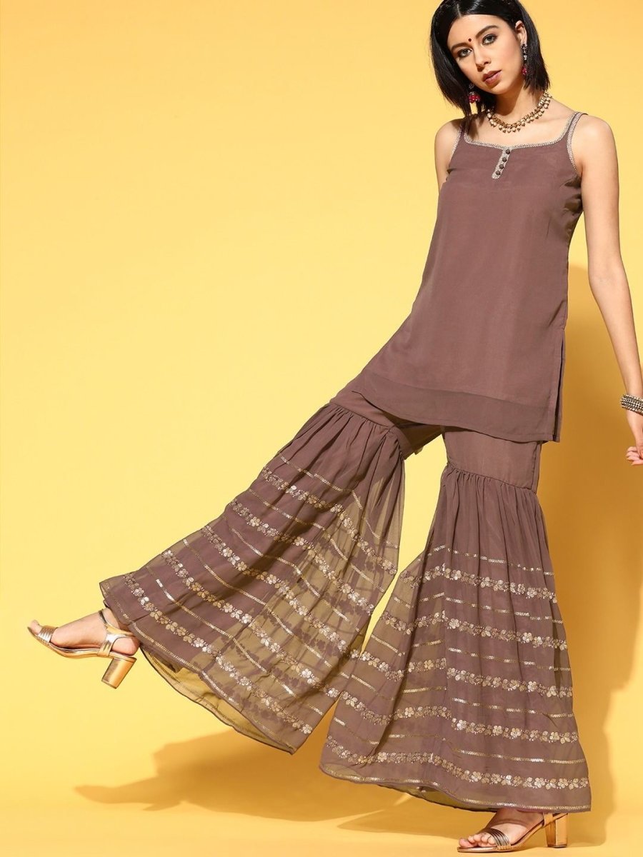 elegant mauve poly georgette solid kurta set