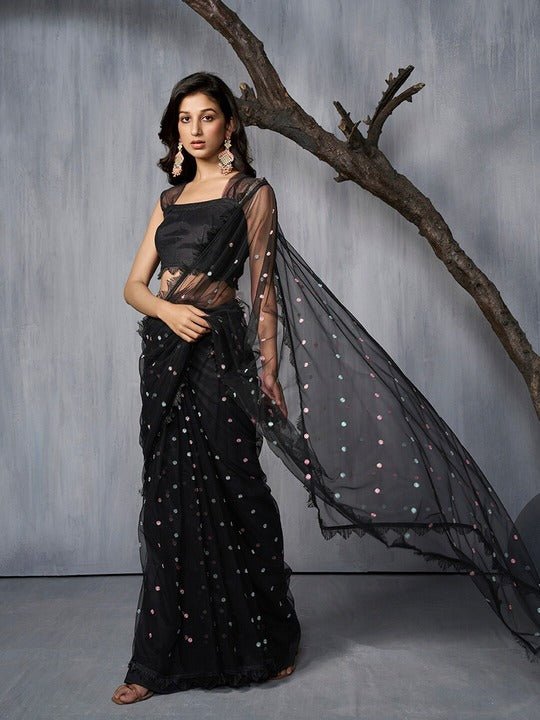 Embellished Embroidered Net Saree - Inddus.com