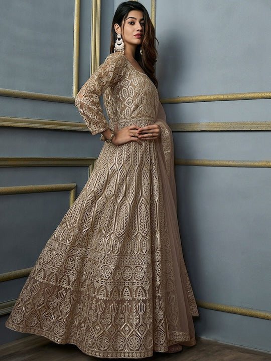 Embellished Fit & Flare Ethnic Dress With Dupatta - Inddus.com