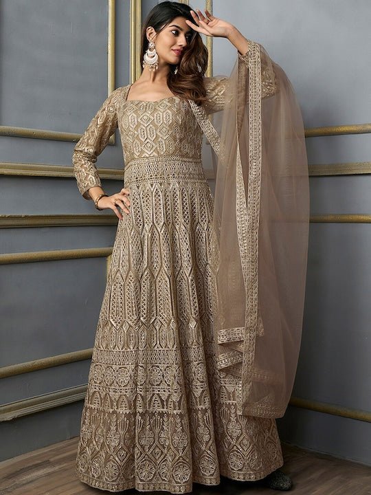 Embellished Fit & Flare Ethnic Dress With Dupatta - Inddus.com