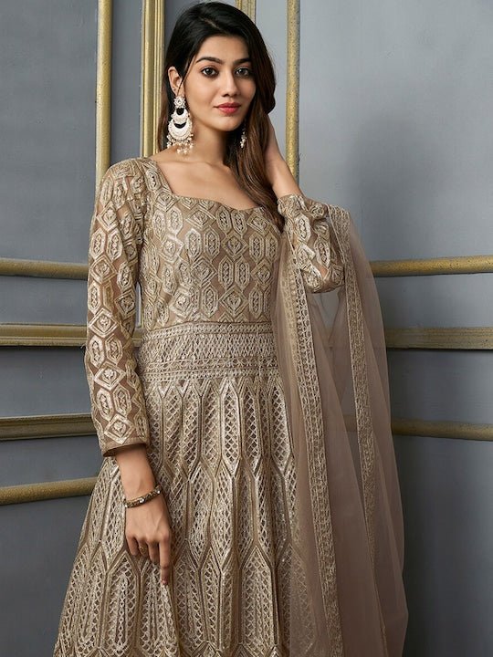 Embellished Fit & Flare Ethnic Dress With Dupatta - Inddus.com