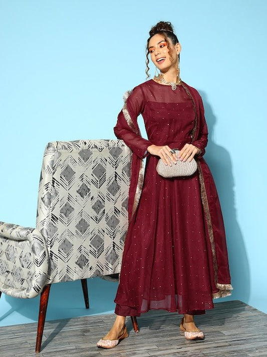 Embroidered Beads & Stones Kurta With Trousers & With Dupatta - Inddus.com