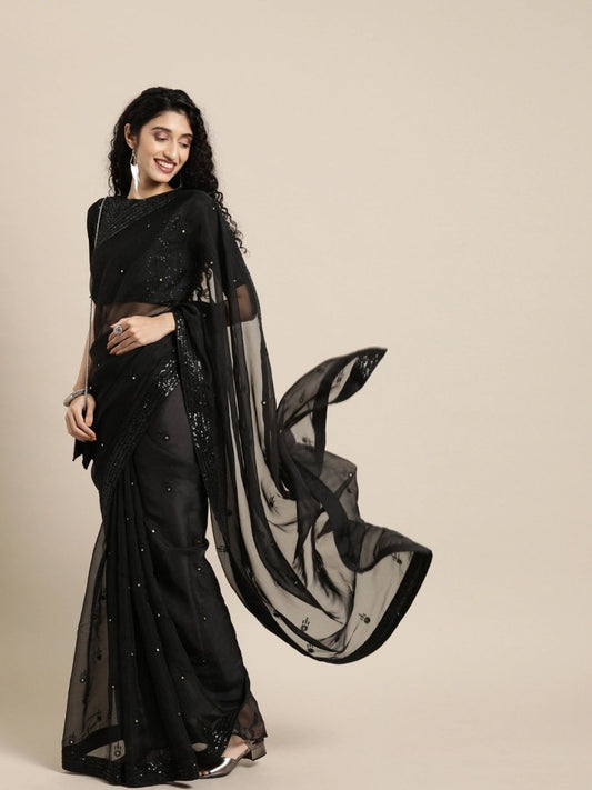 Embroidered Black Organza Partywear Saree - inddus-us