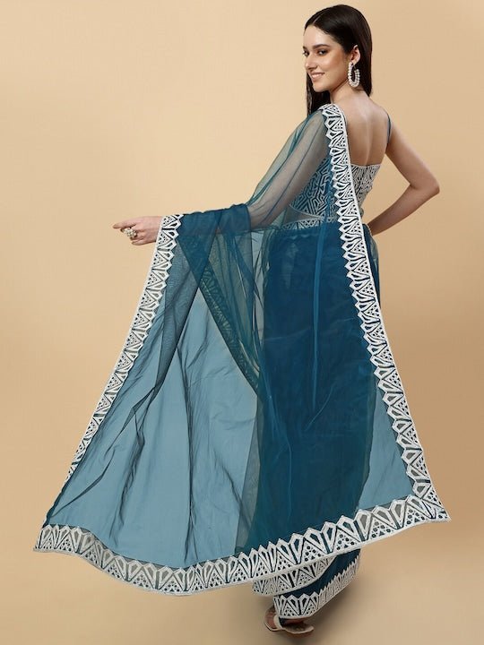 Embroidered Bordered Net Saree - Inddus.com