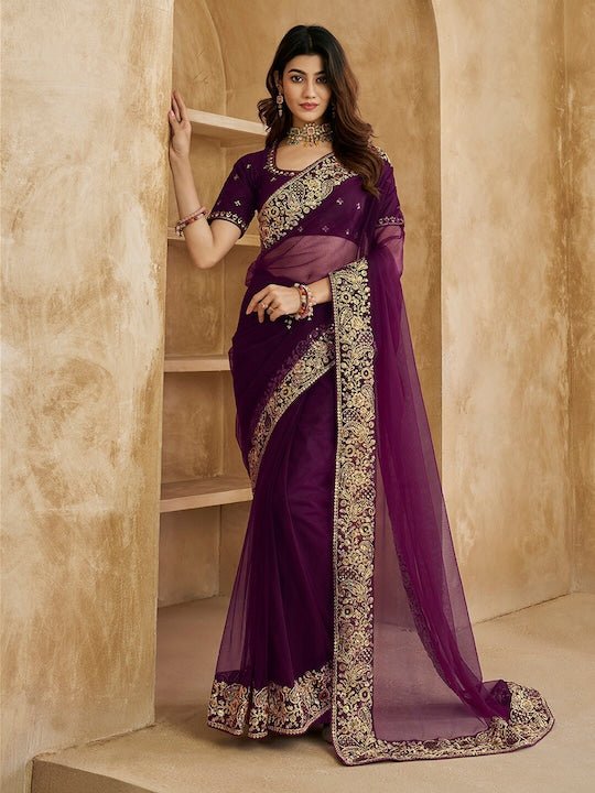 Embroidered Detailed Net Saree - Inddus.com