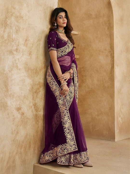 Embroidered Detailed Net Saree - Inddus.com