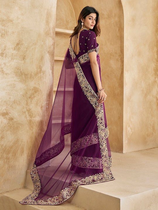 Embroidered Detailed Net Saree - Inddus.com