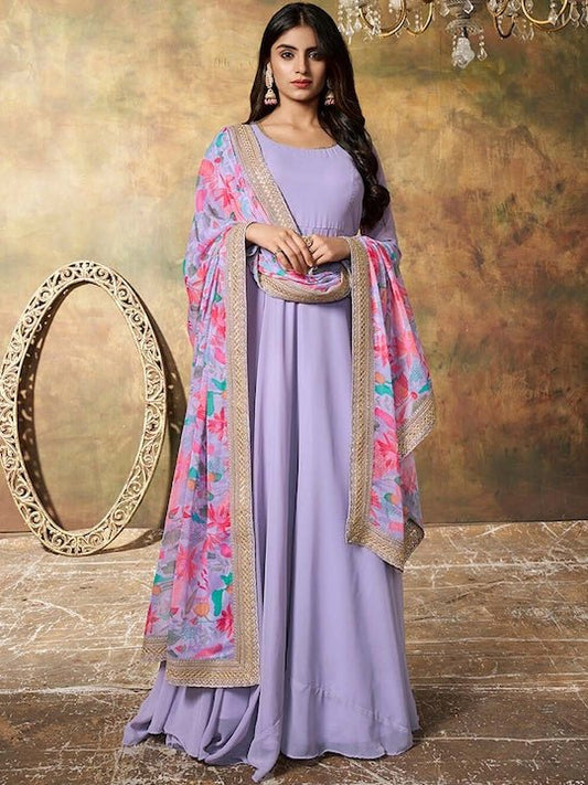 Embroidered Georgette Maxi Gown Ethnic Dress With Floral Printed Dupatta - Inddus.com