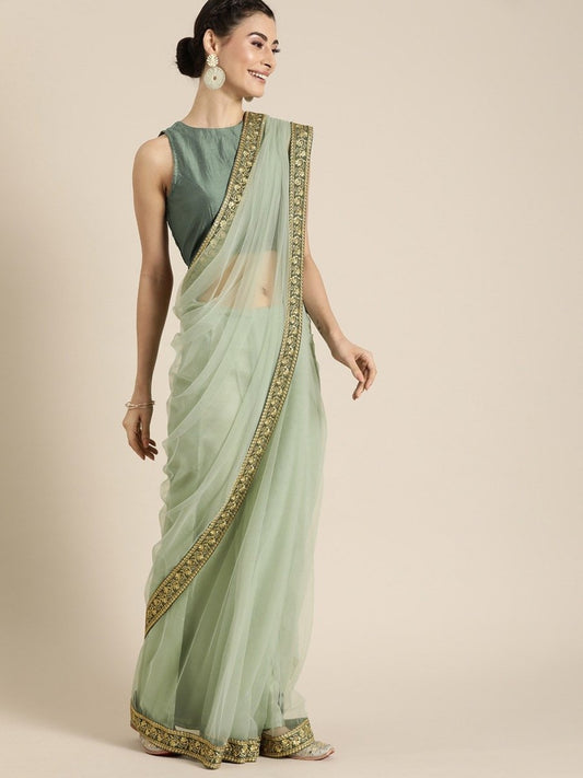 Embroidered Green Net Partywear Saree - inddus-us