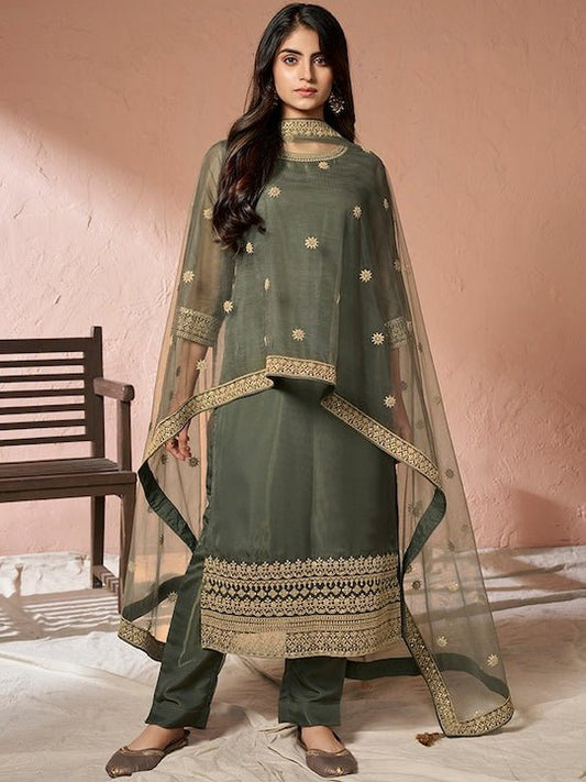 Embroidered Kurta with Trousers & Dupatta - Inddus.com