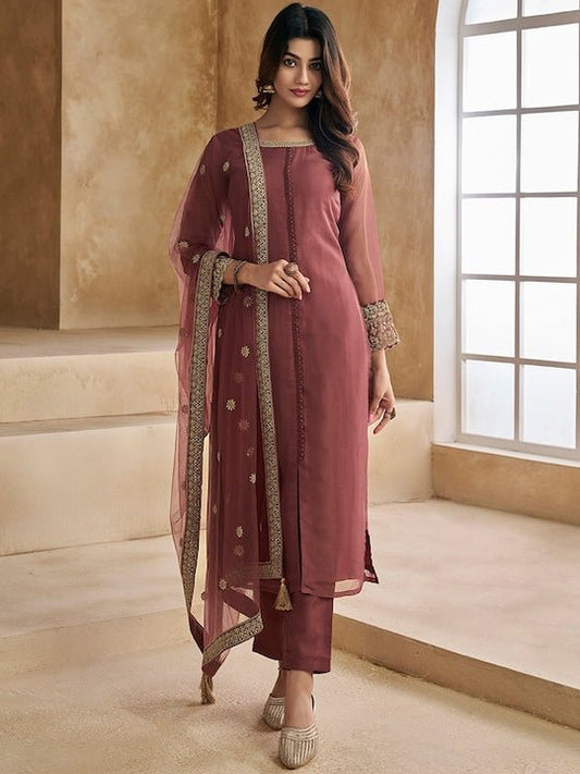 Embroidered Kurta with Trousers & Dupatta - Inddus.com