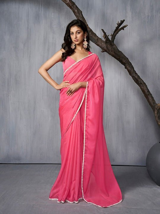 Embroidered Organza Saree - Inddus.com