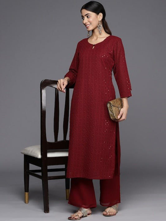 Embroidered Regular Chikankari Kurta with Palazzos - Inddus.com