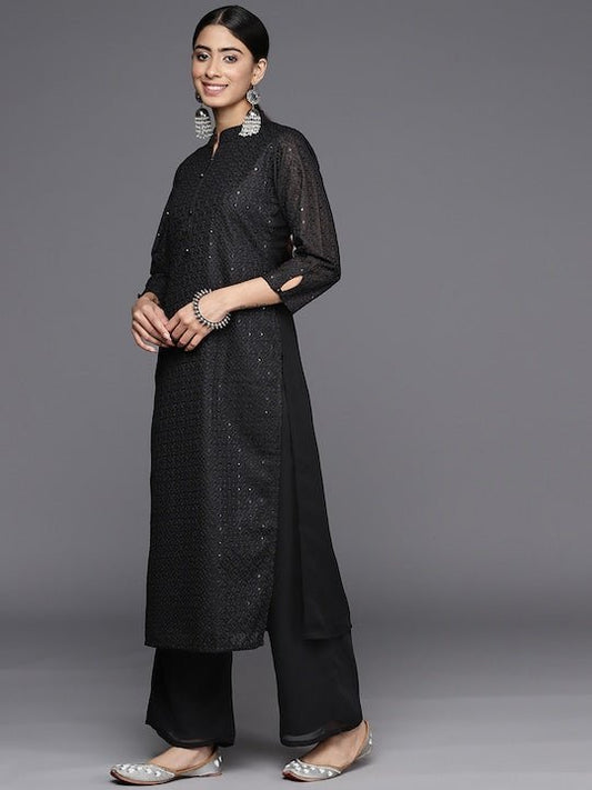 Embroidered Regular Chikankari Kurta with Palazzos - Inddus.com