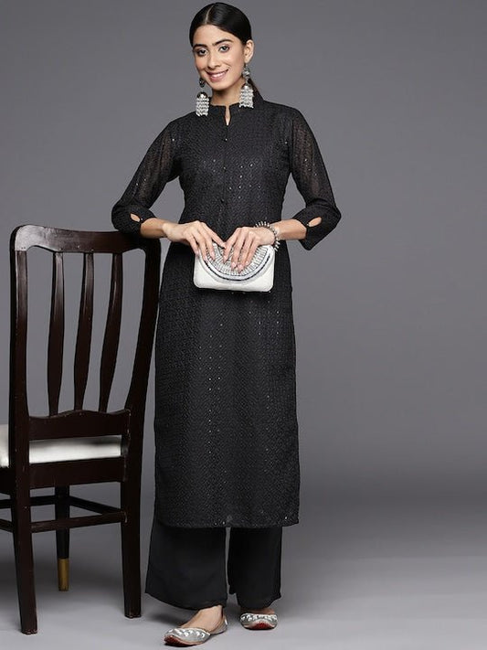 Embroidered Regular Chikankari Kurta with Palazzos - Inddus.com