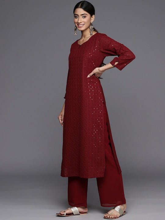 Embroidered Regular Chikankari Kurta with Palazzos - Inddus.com