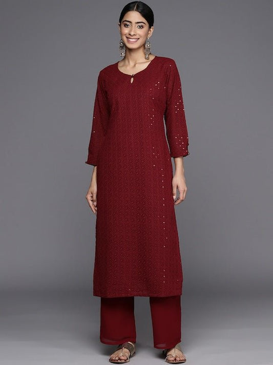 Embroidered Regular Chikankari Kurta with Palazzos - Inddus.com