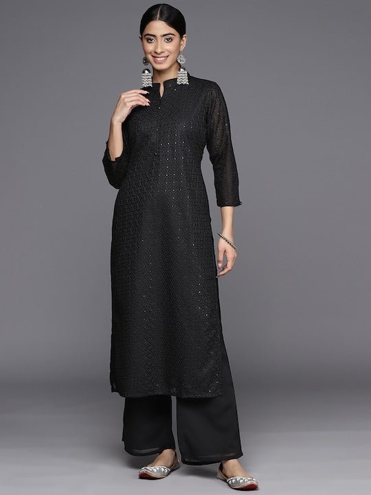 Embroidered Regular Chikankari Kurta with Palazzos - Inddus.com