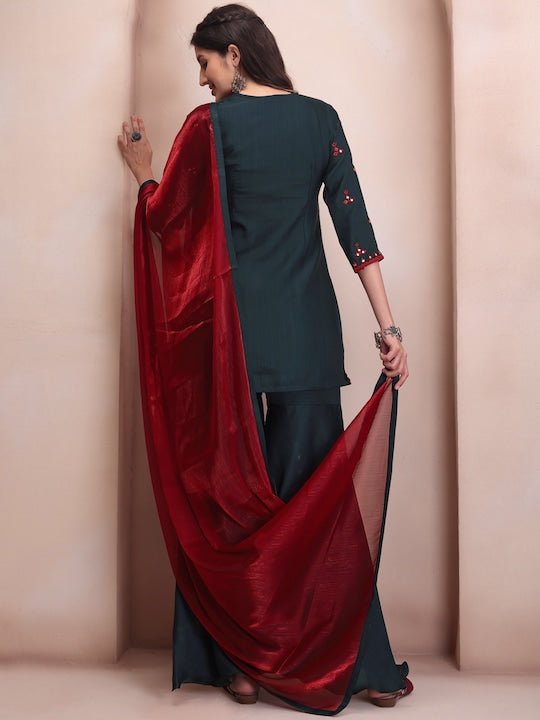 Embroidered Regular Mirror Work Kurta & Sharara With Dupatta - Inddus.com