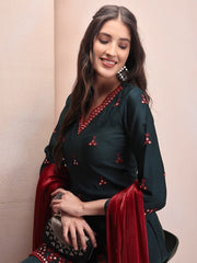 Embroidered Regular Mirror Work Kurta & Sharara With Dupatta - Inddus.com