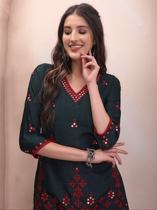 Embroidered Regular Mirror Work Kurta & Sharara With Dupatta - Inddus.com