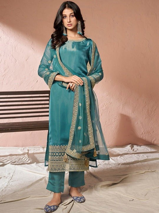 Embroidered Regular Organza Kurta with Trousers & Dupatta - Inddus.com