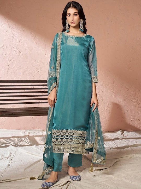 Embroidered Regular Organza Kurta with Trousers & Dupatta - Inddus.com