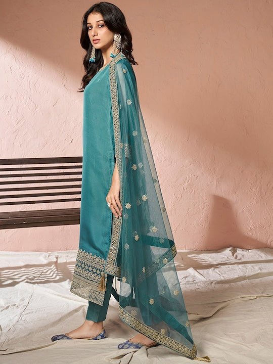 Embroidered Regular Organza Kurta with Trousers & Dupatta - Inddus.com