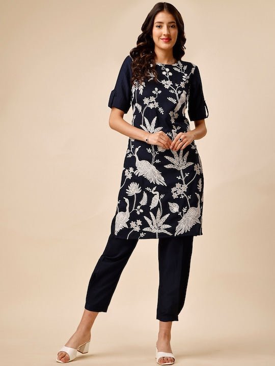 Embroidered Roll-Up Sleeves Thread Work Regular Kurta & Trousers - Inddus.com