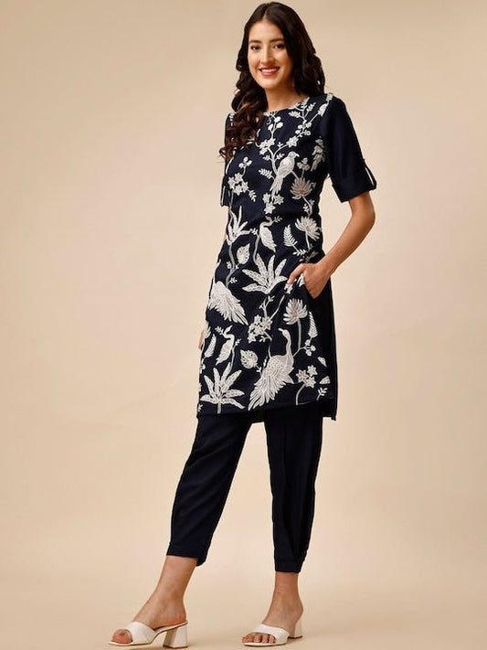 Embroidered Roll-Up Sleeves Thread Work Regular Kurta & Trousers - Inddus.com