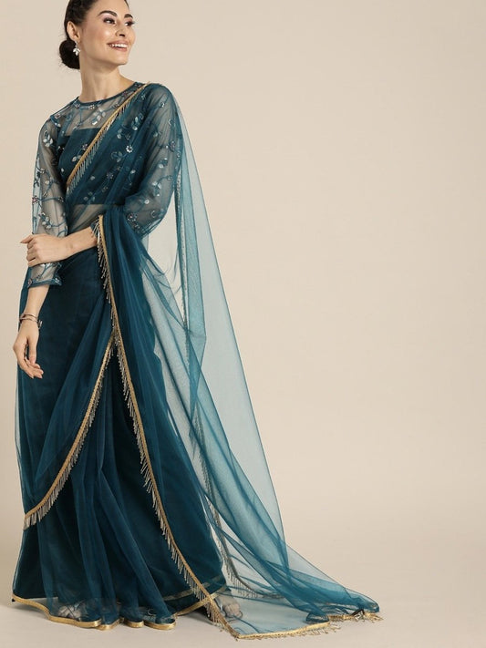 Embroidered Teal Net Partywear Saree - inddus-us