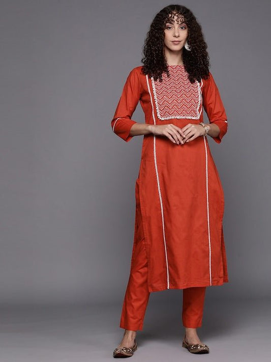 Embroidered Thread Work Kurta with Trousers - Inddus.com