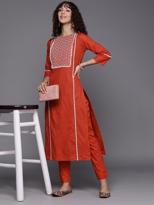 Embroidered Thread Work Kurta with Trousers - Inddus.com