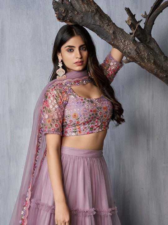 Embroidered Thread Work Semi-Stitched Lehenga & Unstitched Blouse With Dupatta - Inddus.com