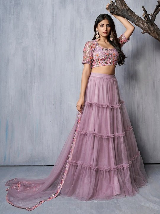 Embroidered Thread Work Semi-Stitched Lehenga & Unstitched Blouse With Dupatta - Inddus.com