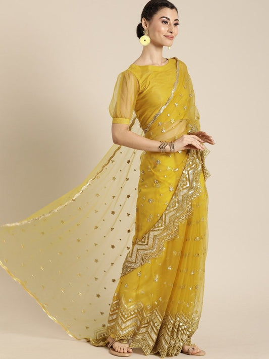 Embroidered Yellow Net Partywear Saree - inddus-us