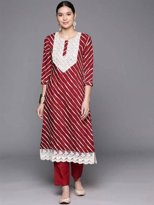 Embroidered Yoke Design Lace Up Kurta With Trouser - Inddus.com