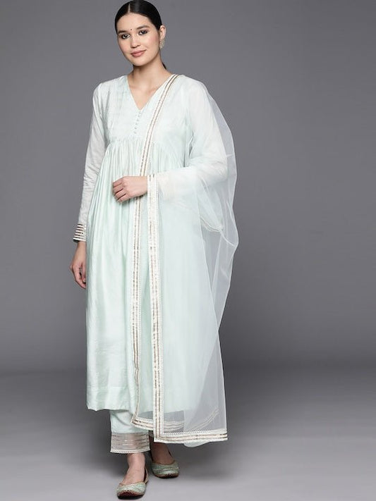 Empire Gotta Patti Chanderi Cotton Kurta with Trousers & With Dupatta - Inddus.com