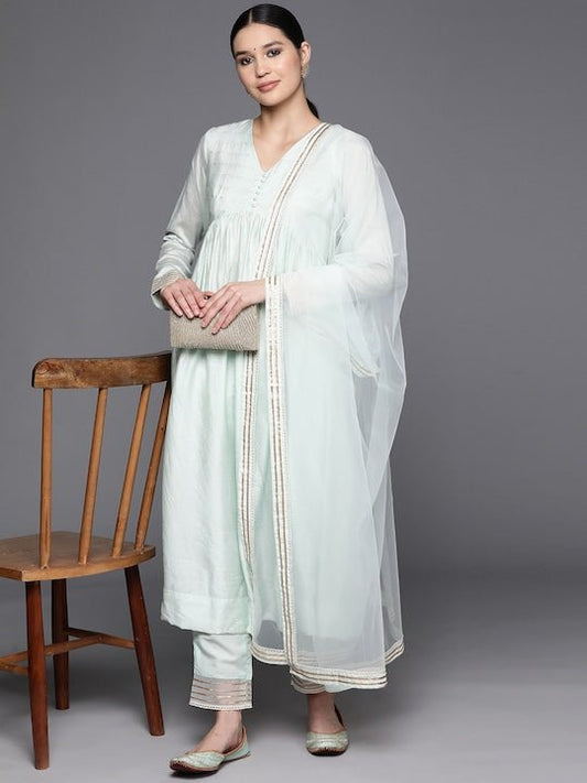 Empire Gotta Patti Chanderi Cotton Kurta with Trousers & With Dupatta - Inddus.com