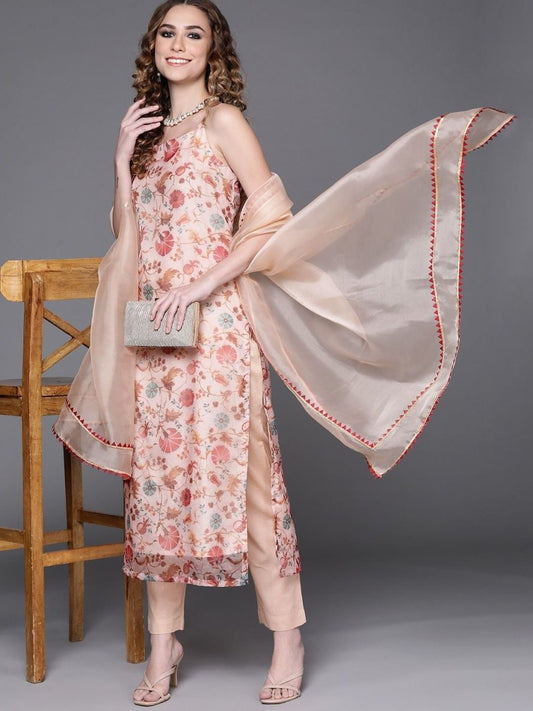 enchanting off white organza printed kurta set