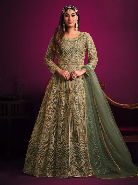 Enthralling Sea Green Net Embroidered Festive Gown - Inddus.com