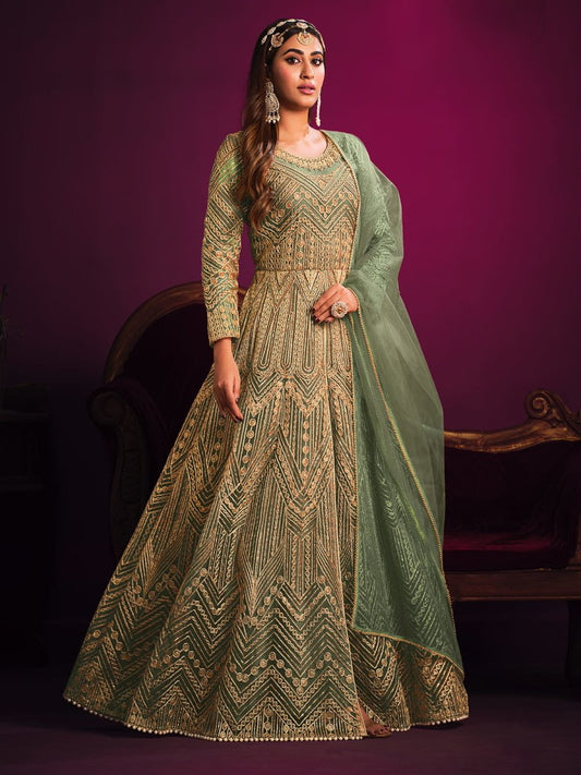 Enthralling Sea Green Net Embroidered Festive Gown - Inddus.com