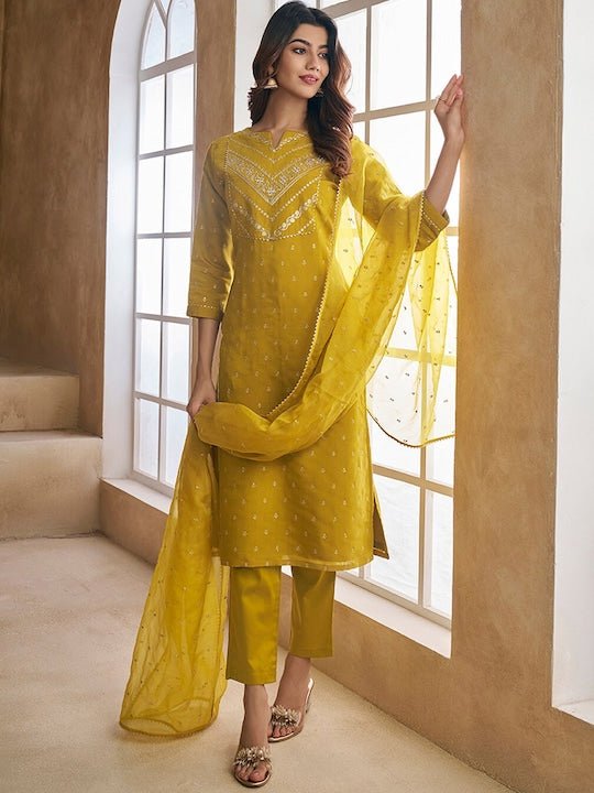 Ethnic Motifs Embroidered Chanderi Cotton Kurta With Trousers & With Dupatta - Inddus.com