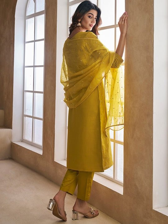 Ethnic Motifs Embroidered Chanderi Cotton Kurta With Trousers & With Dupatta - Inddus.com