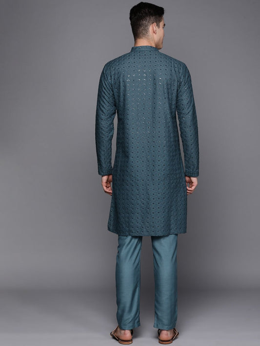 Ethnic Motifs Embroidered Chikankari Kurta with Trousers - Inddus.com